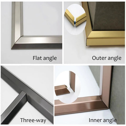 Flat, outer, and inner angles of frames; self adhesive wire management cover with stainless steel raceway and wood grain look.