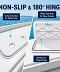 Top Shelf Marine Deck Hatch For Boating And Jon Boats, Heavy Duty Weather Beater Access Door With Non Slip Grip, Zero Hassle Setup Below Deck Storage Entry White features textured surface and wide opening for easy access.