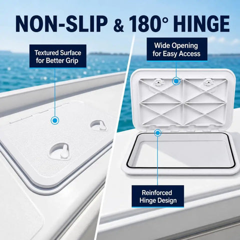 Top Shelf Marine Deck Hatch For Boating And Jon Boats, Heavy Duty Weather Beater Access Door With Non Slip Grip, Zero Hassle Setup Below Deck Storage Entry White features textured surface and wide opening for easy access.