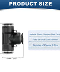 6 Pack Black Five Eighths Inch OD Push To Connect Tee Fittings Three Way Quick Lock Air Hose Adapters with dimensions and specs