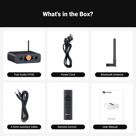 Image showing contents of Bluetooth Amplifier For Outdoor Speakers With Built In DAC And Four Channel Power Amp package, including antenna, cords, and manual.