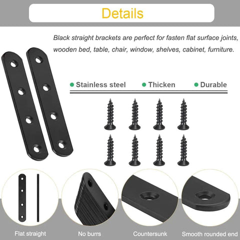 8 Pack Black Flat Mending Plates Brackets 3.8 Inch Stainless Steel Heavy Duty Repair Joining Plates for Wood Furniture with Screws