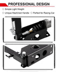 Hydraulic Handbrake Adjustable Ebrake Long Lever Handle For Drift Track Rally Racing Master Cylinder 0.75 Inch Fit Vertical Position Ergonomic Anti Slip CNC Aluminum Lightweight Anti Rust, front and side view of black CNC aluminum handbrake with machined components.