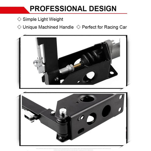 Hydraulic Handbrake Adjustable Ebrake Long Lever Handle For Drift Track Rally Racing Master Cylinder 0.75 Inch Fit Vertical Position Ergonomic Anti Slip CNC Aluminum Lightweight Anti Rust, front and side view of black CNC aluminum handbrake with machined components.