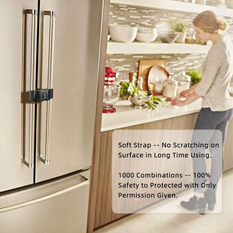 No Drill No Screw No Adhesive Fridge Lock For Kids on French door, kitchen setting, adjustable 2 Pack Black latch, easy install
