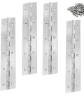 Four Pack Ten Inch Silver Stainless Steel Piano Hinges With Heavy Duty Frame And Pre Drilled Holes Include Mounting Screws displayed.