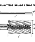 SALI annular cutter with Weldon 3/4" shank, 1-1/2" diameter, 2" depth; includes 1/4"x4" pilot pin.