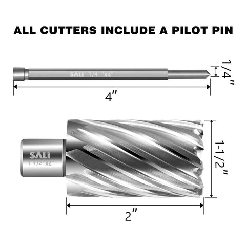 SALI annular cutter with Weldon 3/4" shank, 1-1/2" diameter, 2" depth; includes 1/4"x4" pilot pin.