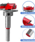 Close-up of All In One 35mm Forstner Drill Bit And Hinge Jig Set with 3-tooth positioning, sharp edge, 8mm round shank.