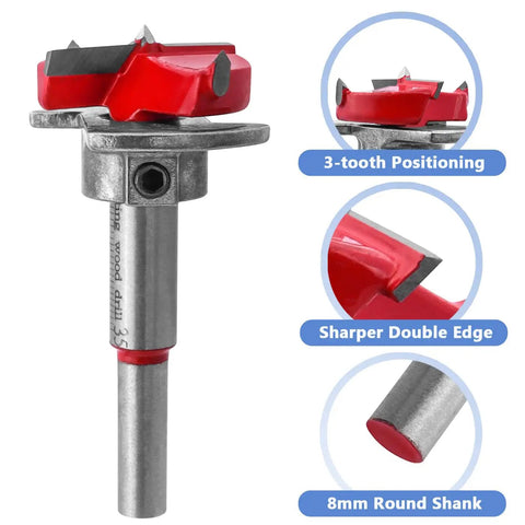 Close-up of All In One 35mm Forstner Drill Bit And Hinge Jig Set with 3-tooth positioning, sharp edge, 8mm round shank.
