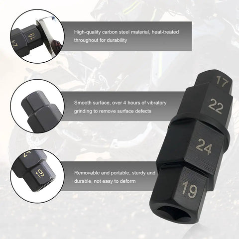 Beefy Heavy Duty Motorcycle Front Axle Tool Kit With 17 19 22 24mm Hex Adapters for Wheel Hub Removal, close-up of steel adapters.