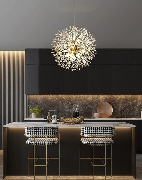 Gold Crystal 12 Light Modern Dandelion Firework Chandelier Ceiling Pendant Light For Bedroom Dining Room And Living Room with a 20.87 inch diameter hanging above a kitchen island.