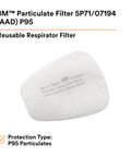 Image of a NIOSH P95 Respirator Filter Replacement from a 5-pair pack, showing product details and protection type for occupational safety.