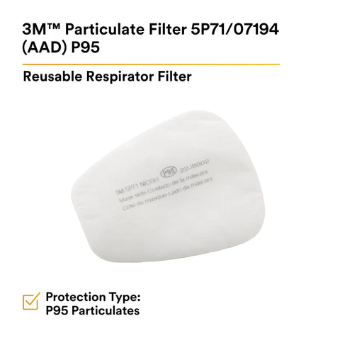 Image of a NIOSH P95 Respirator Filter Replacement from a 5-pair pack, showing product details and protection type for occupational safety.