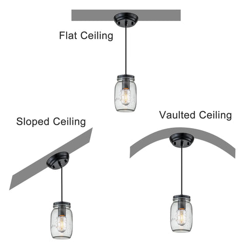 Farmhouse Mason Jar Pendant Light Set For Kitchen Island shown under flat, sloped, vaulted ceilings; adjustable glass jar hanging lamps.