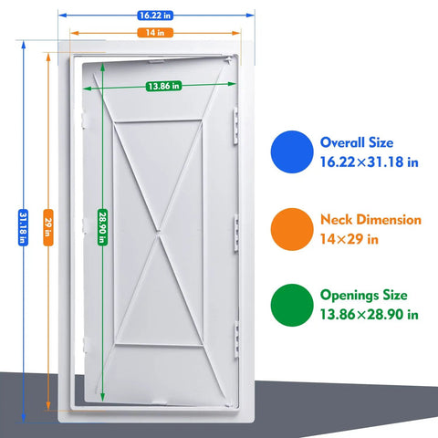 Built Tough 14 By 29 Inch White Polystyrene Drywall Access Panel Paintable Concealed Maintenance Door dimensions displayed on image.