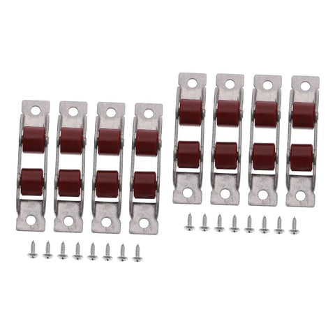 Eight Piece Heavy Duty Double Wheel Pulley Kit For Effortless Smooth Gliding Sliding Screen Doors And Window Track Replacement Barn Door Rollers With Dead Simple Setup, featuring steel rollers and mounting screws.