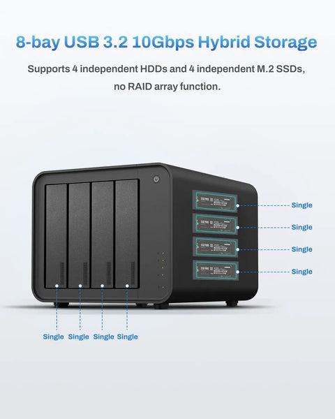 Heavy Duty Hybrid Storage Enclosure Featuring Four Sata Drive Bays And Four Nvme Slots For Up To 152TB Of Rock Solid Speed Plus Complimentary Backup Software For Any Creator Ready To Bulk Up Their Data Stack Smoothly showing 8-bay USB 3.2 storage with drive slots.