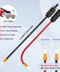 10 AWG Solar Panel Connector Cable With Male And Female Connectors For Solar Generator Inverter And Battery Charger O Ring Adapter Heavy Duty Tinned Copper Wire 105C Rated Insulated And Flexible shown with red and black wires and connectors.