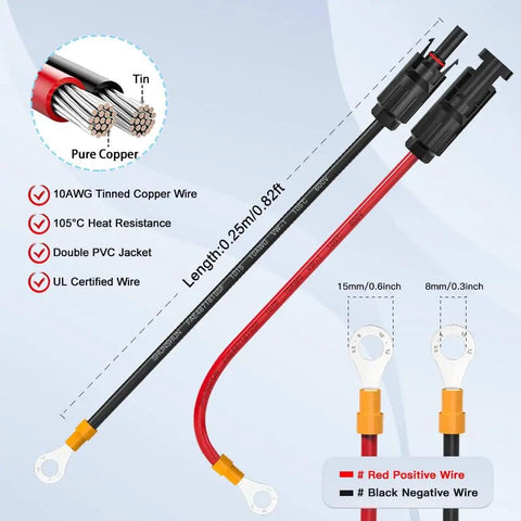 10 AWG Solar Panel Connector Cable With Male And Female Connectors For Solar Generator Inverter And Battery Charger O Ring Adapter Heavy Duty Tinned Copper Wire 105C Rated Insulated And Flexible shown with red and black wires and connectors.