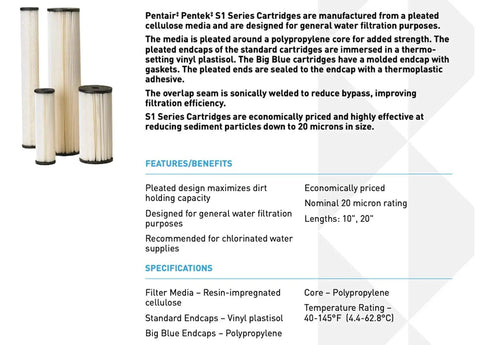 Big Blue 10 Inch Sediment Water Filter Cartridge 20 Micron Pleated Cellulose Media shown beside packaging