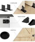 Ceiling Mount Bypass Sliding Door Hardware Rail Kit 48 Inch In Black Aluminum For Wood Doors, shown T guides, stop, and knobs.