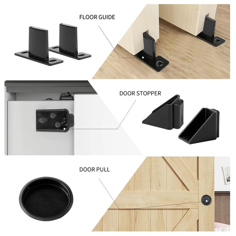 Ceiling Mount Bypass Sliding Door Hardware Rail Kit 48 Inch In Black Aluminum For Wood Doors, shown T guides, stop, and knobs.