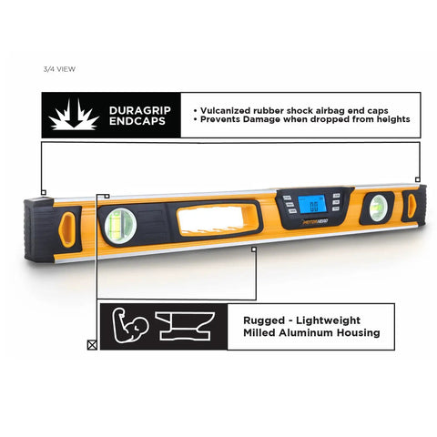 24 Inch Digital Level 0 To 180 Degrees With Large LCD Readout And Audible Alerts, Water Dust And Shock Resistant, shown in use