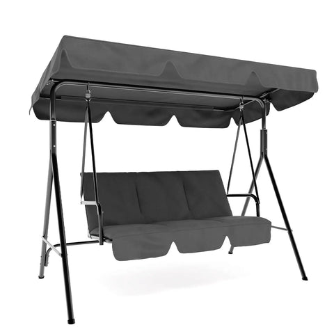 Three Seat Outdoor Porch Swing With Stand And Adjustable Canopy For Backyard Patio, 800 Lb Capacity, Tilt Shade In Grey, Weather Resistant Steel Frame, Easy Assembly, Cozy Family Friendly Outdoor Furniture on white background