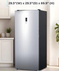 21 Cu Ft Convertible Freezer Refrigerator with Frost Free Glass Shelves in stainless steel finish, 29.5" wide by 69.9" tall.