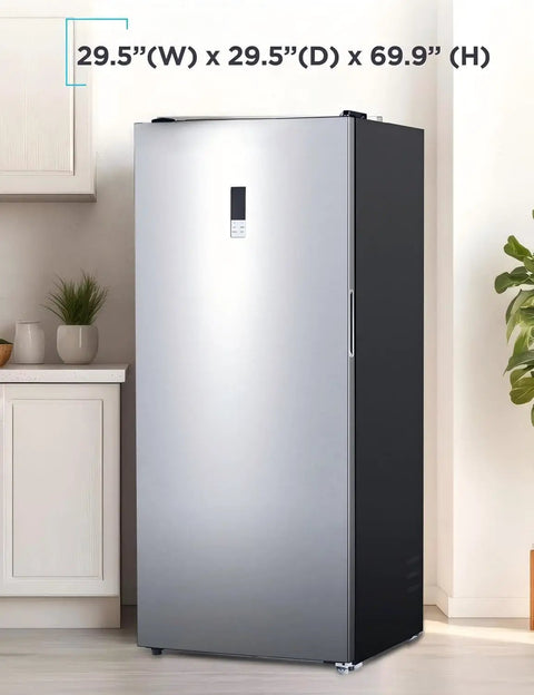 21 Cu Ft Convertible Freezer Refrigerator with Frost Free Glass Shelves in stainless steel finish, 29.5" wide by 69.9" tall.
