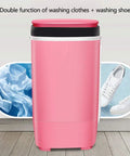 No Sweat Portable Compact Washing Machine Half Automatic Spin Washer With Built In Scrub Brush 4.5kg Load size shown in pink for laundry and shoes.