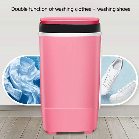 No Sweat Portable Compact Washing Machine Half Automatic Spin Washer With Built In Scrub Brush 4.5kg Load size shown in pink for laundry and shoes.