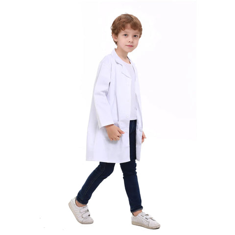 Child wearing Kids Lab Coat For Role Play Science Dress Up White Unisex Size 10 12 Button Front With Front Pockets.