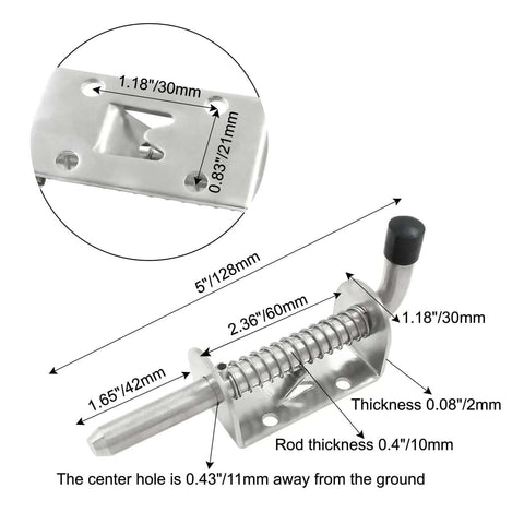 Dimensions of 5 Inch Spring Loaded Latch Pin Heavy Duty Barrel Bolt Door Lock Stainless Steel With Mounting Screws 2 Pack