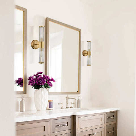 Mid Century Brass Glass Rod Wall Sconces With Two Lights Vanity Light Fixtures in bathroom, modern vintage glow, exposed bulbs