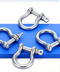 Badass 304 Stainless Steel Marine Shackle With Screw Pin For Tough Boat Rigging Mooring And Towing Secure Hardware Link For Outdoor Utility Jobs Plug And Play Setup displaying multiple angles on a blue background.