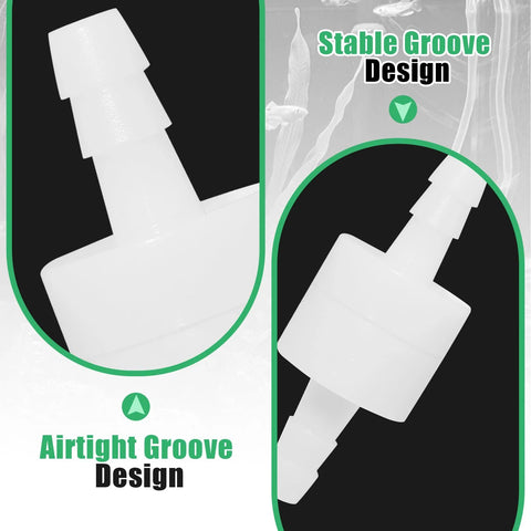 Luomorgo 2-pack 1/4 in PVDF inline check valve; side view and close-up of a white plastic one-way valve