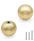 10 Pack Brushed Gold Ball Cabinet Knobs 1 Inch Diameter Zinc Alloy Drawer Pulls For Kitchen Cupboards, Dresser And Bathroom Furniture Hardware, Includes 2 Screw Sizes 1 Inch And 1.5 Inch, showing two knobs and screws.