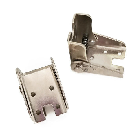 Built Tough 90 Degree Auto Locking Folding Bracket For Tables And Beds Nickel Plated Steel Hinge showing spring mechanism detail.