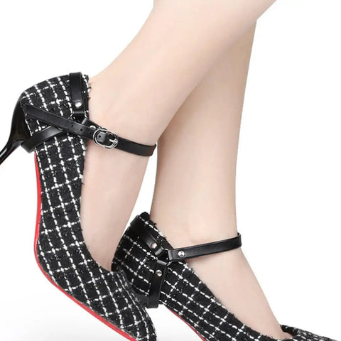 Skip The Blisters And Heel Slide Drama With Adjustable Anti Drop Shoe Straps Premium Pumps Accessories Durable Metal And PU Ankle Bands Lock In A Custom Fit For Women Six Pack Black, worn on black and white pumps.