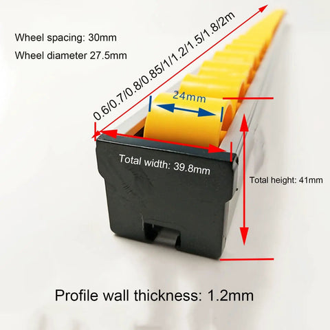 Heavy Duty Flow Rack Conveyor With Plastic Skate Wheels dimensions showing wheel spacing, diameter, and aluminum track details.