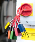 Orange Lockout Tagout Padlock Set With 1.5 Inch Shackle 12 Pack Keyed Alike 12 Padlocks attached to energy isolation lock