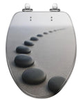 Toilet Seat Slow Close Elongated for Bathroom with black stone design, elongated shape, and chrome adjustable hinges.