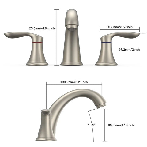 Widespread Brushed Nickel Bathroom Sink Faucet With Three Hole Install Durable Ceramic Valve dimensions view
