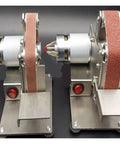 Mini Electric Belt Sander, silver finish, capable of sanding and polishing, optimized for desktop wood and metal tasks.