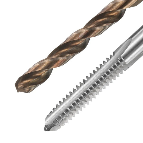 Close-up of Heavy Duty Tap And Drill Bit Set With 2 M6x1.25 Left Hand Thread Taps And 2 4.7mm Right Hand Drill Bits In HSS Co M35 High Speed Steel Uncoated