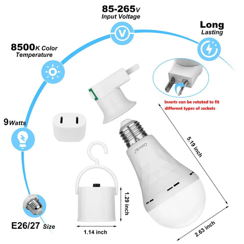 10 Pack Rechargeable Emergency Light Bulbs For Power Outages And Camping, 9W E27 8500K White LED with socket adapters