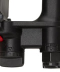 Heavy Duty 1 Inch Drive Pneumatic Impact Wrench With Extended 7.6 Inch Shank For Deep Rim Access Pinless Clutch 20 Inch Tool Length Red Finish Half Inch Air Inlet Half Inch Hose One Year Warranty close-up of clutch and air inlet