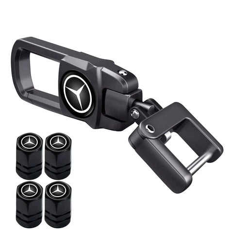 Mercedes Benz Tire Valve Cap And Keychain Set, 4 Pack Dust Caps And Car Key Ring Accessories, Zinc Alloy With Electroplated Finish
